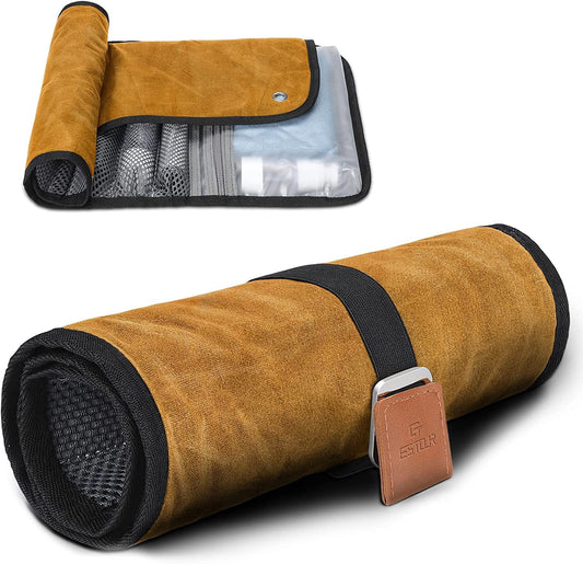 Men's Travel Toiletry Bag: Water-resistant, compact roll organizer for hygiene and shaving essentials. Ideal gift for men. (Khaki Yellow - Waxed Canvas)